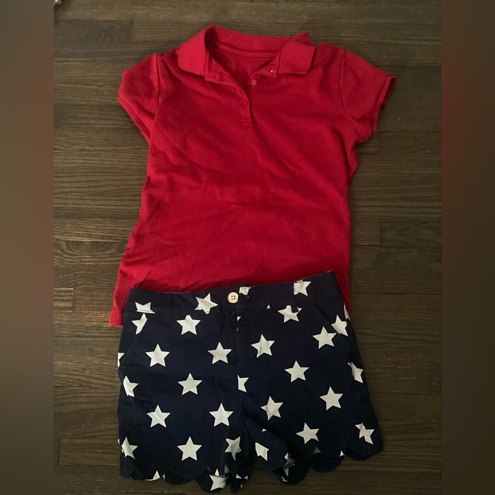 Red Polo Shirt and Star-Patterned Shorts 4th of July Outfit